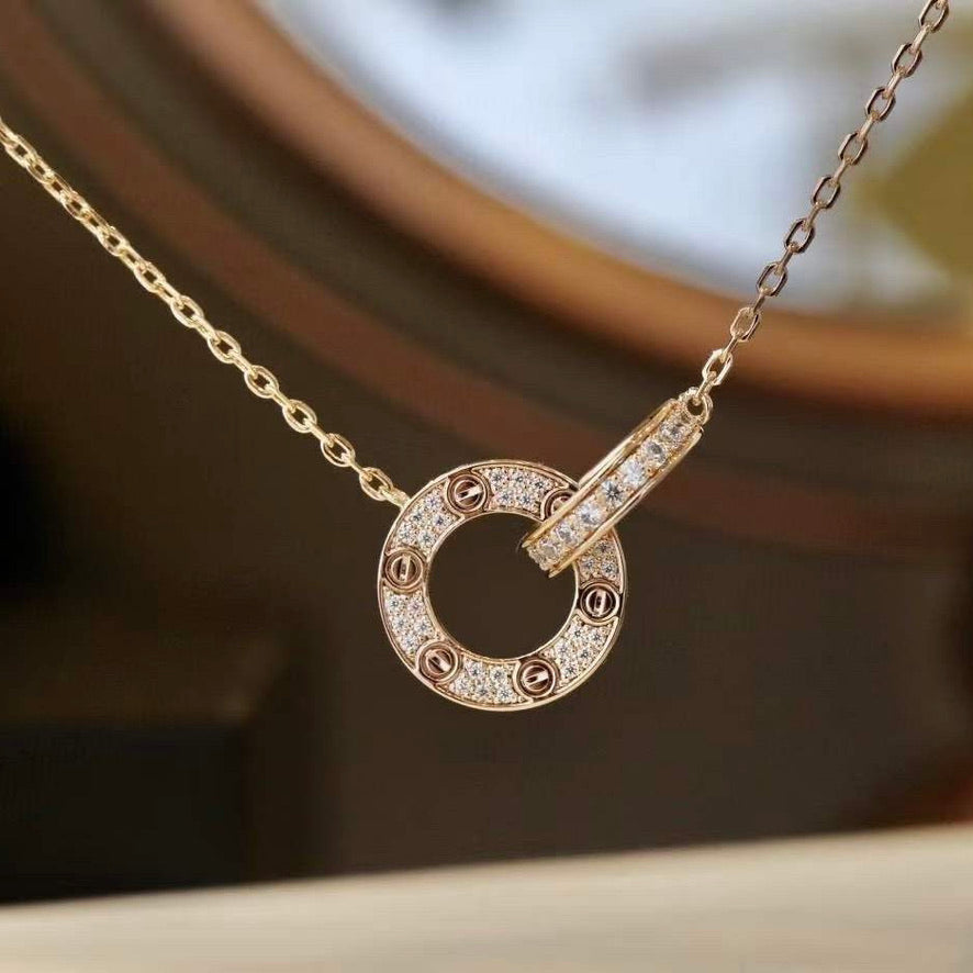 „Glow Jewelry“ LOVE 7,6 mm Halskette Roségold und Silber, vollständig mit Diamanten besetzt