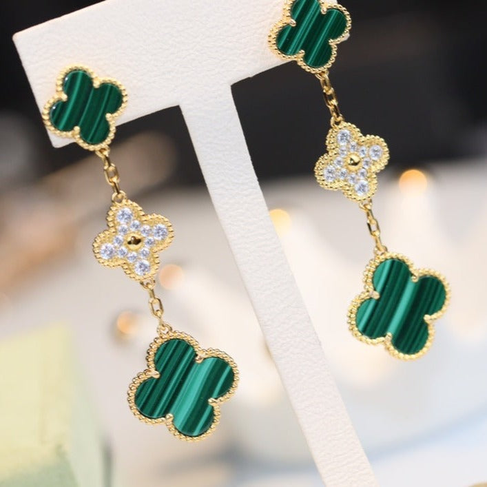 [Glow Jewelry]CLOVER EARRINGS GOLD MALACHITE DIAMOND 3 MOTIF
