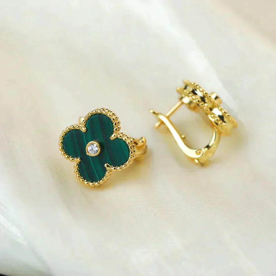 [Glow Jewelry]CLOVER MEDIUM 1 MOTIFS MALACHITE DIAMOND EARRINGS