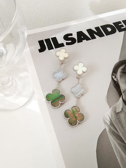 [Glow Jewelry]CLOVER 3 MOTIFS CHALCEDONY DARK MOP SILVER EARRINGS