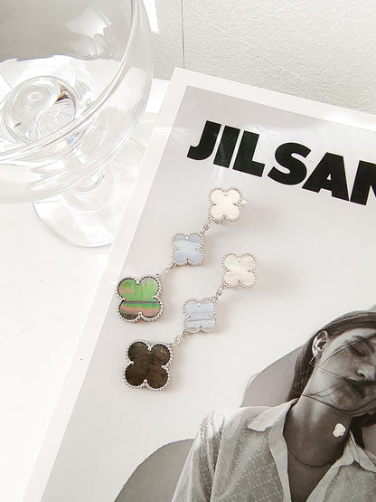 [Glow Jewelry]CLOVER 3 MOTIFS CHALCEDONY DARK MOP SILVER EARRINGS