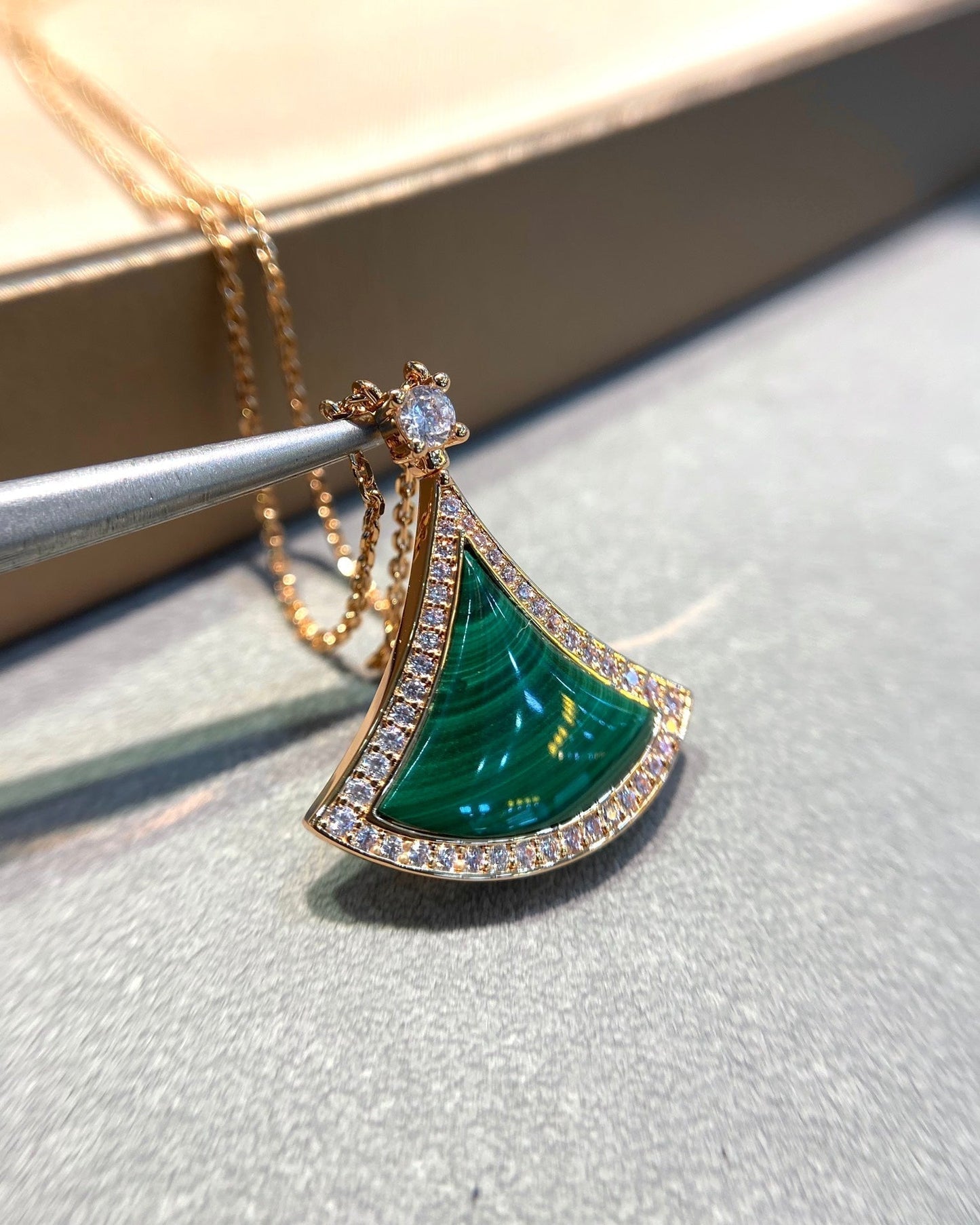 [Glow Jewelry]DREAM MALACHITE DIAMOND PAVED PINK GOLD NECKLACE
