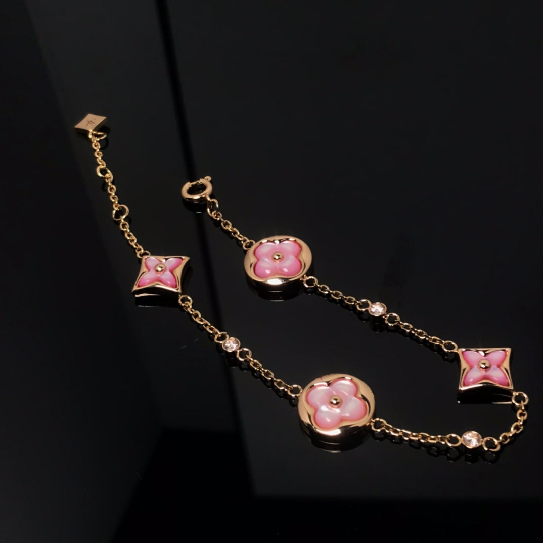 [Glow Jewelry]STAR AND SUN 4 MOTIF PINK MOP PINK GOLD BRACELET