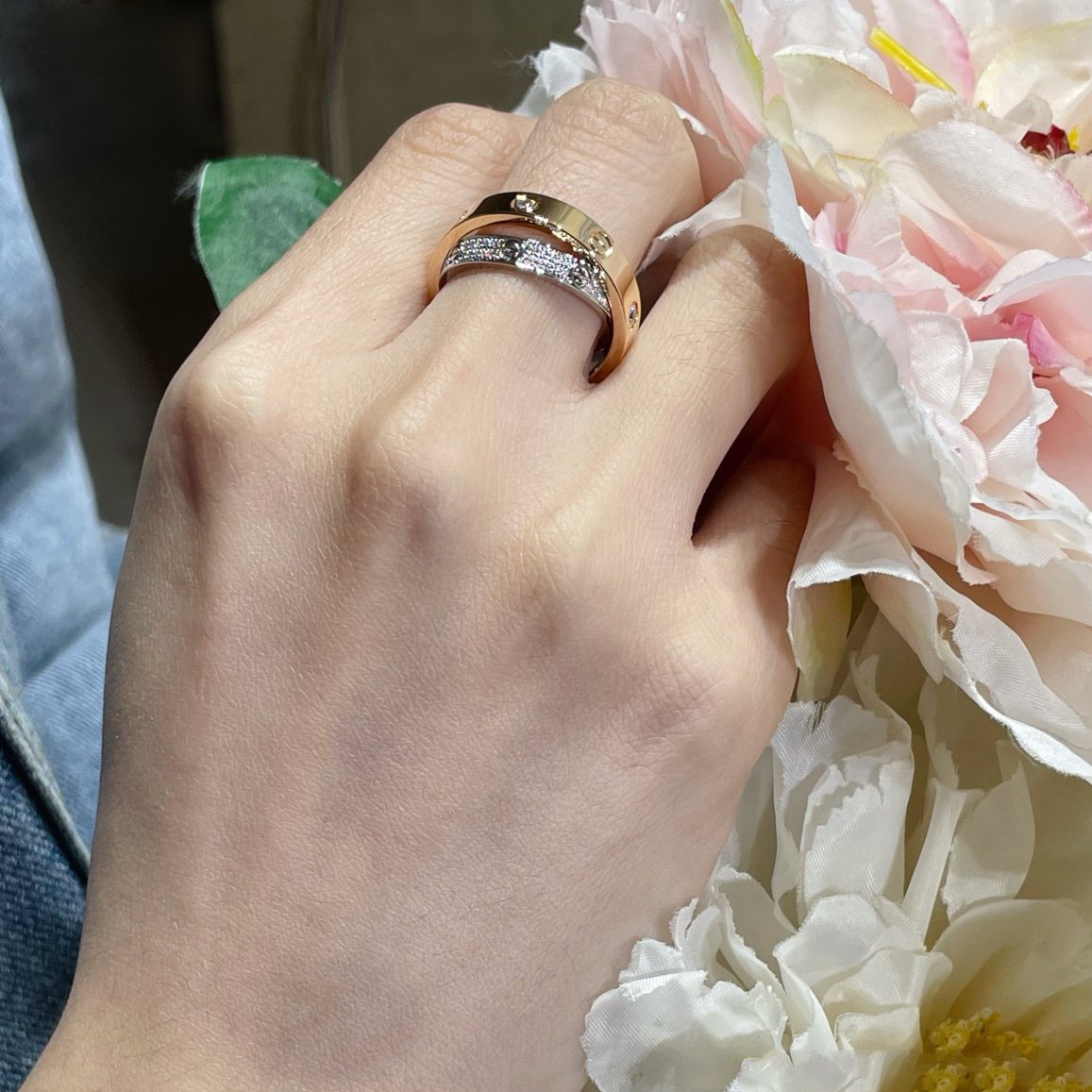 ¡®Glow Jewelry¡¯LOVE PINK GOLD SILVER DIAMOND DOUBLE RING