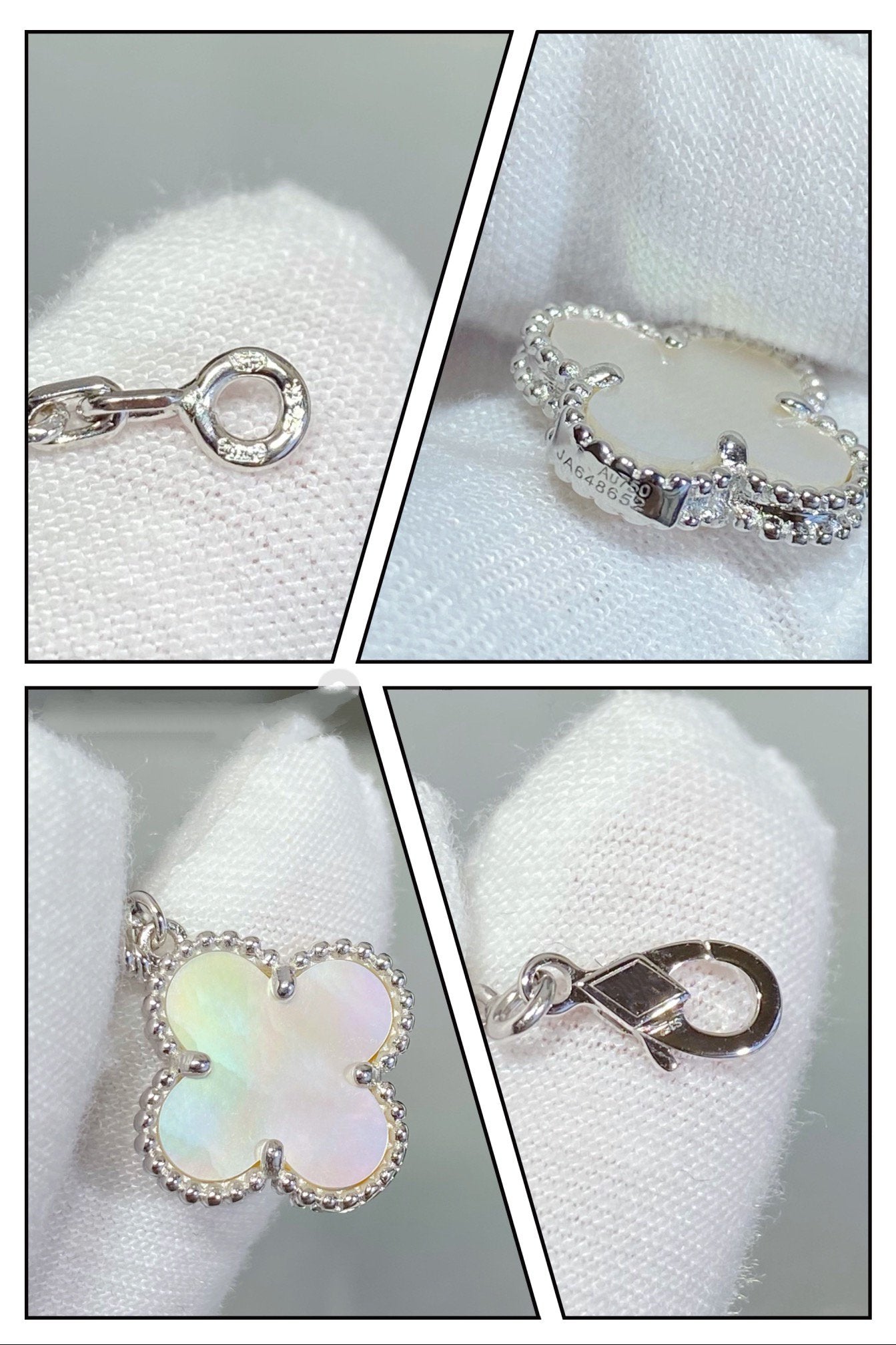 „Glow Jewelry“ Kleeblatt-Armband mit 5 Motiven, weißes Perlmutt, Silber