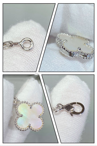 „Glow Jewelry“ Kleeblatt-Armband mit 5 Motiven, weißes Perlmutt, Silber
