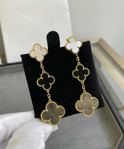 [Glow Jewelry]CLOVER 3 MOTIF MOP ONYX DARK MOP PINK GOLD EARRINGS