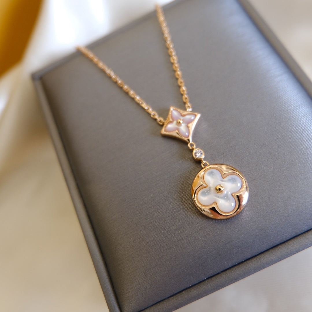 ¡®Glow Jewelry¡¯STAR AND SUN WHITE MOP 2 MOTIF PINK GOLD NECKLACE