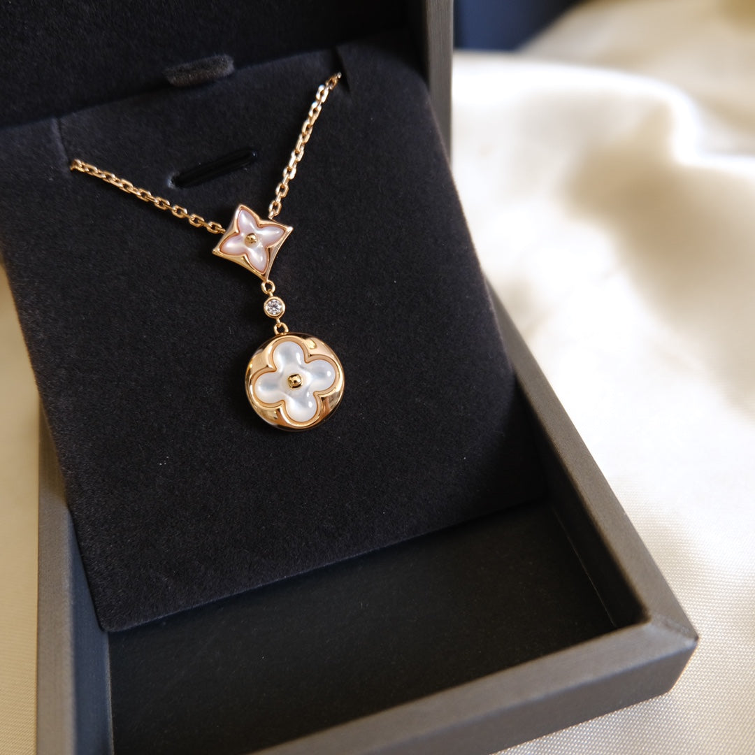 [Glow Jewelry]STAR AND SUN WHITE MOP 2 MOTIF PINK GOLD NECKLACE