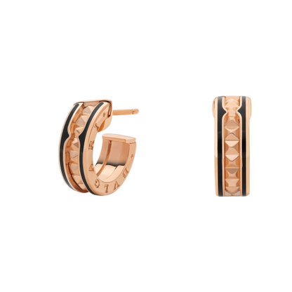 [Glow Jewelry]ZERO 1 ROCK PINK GOLD EARRINGS WITH STUDDED SPIRAL AND BLACK CERAMIC
