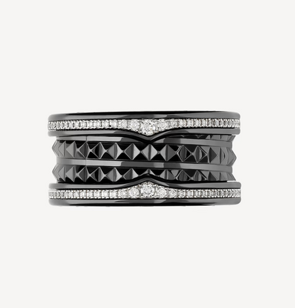 [Glow Jewelry]ZERO 1 ROCK FOUR-BAND BLACK CERAMIC WITH STUDDED SPIRAL AND PAVED DIAMONDS RING