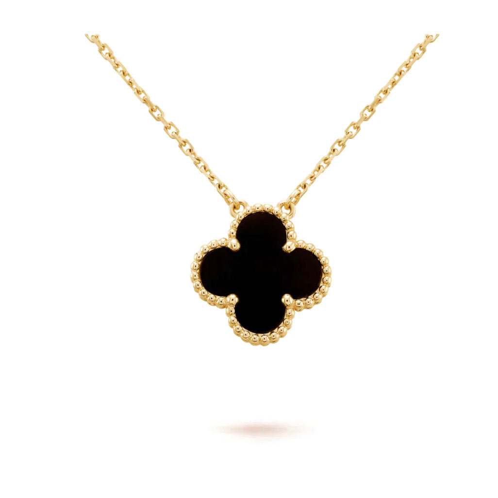 Glow Jewelry - Halskette mit einem 15 mm schwarzen Onyx-Kleeblattanhänger