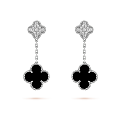 [Glow Jewelry]CLOVER 2 MOTIFS  DIAMOND ONYX EARRINGS SILVER