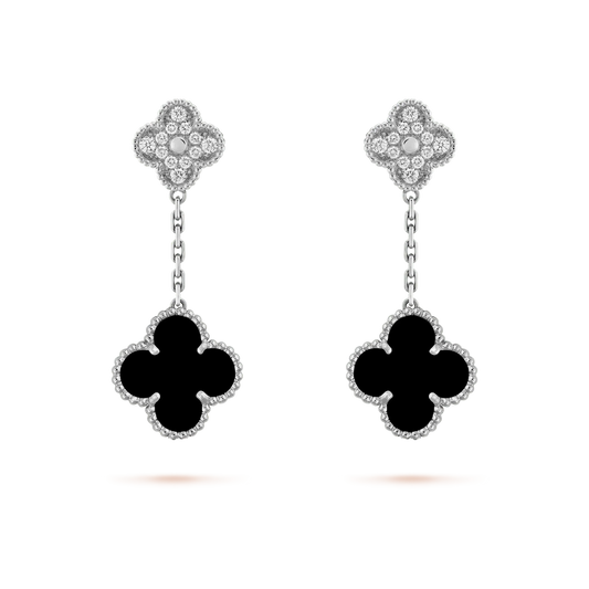 [Glow Jewelry]CLOVER 2 MOTIFS  DIAMOND ONYX EARRINGS SILVER