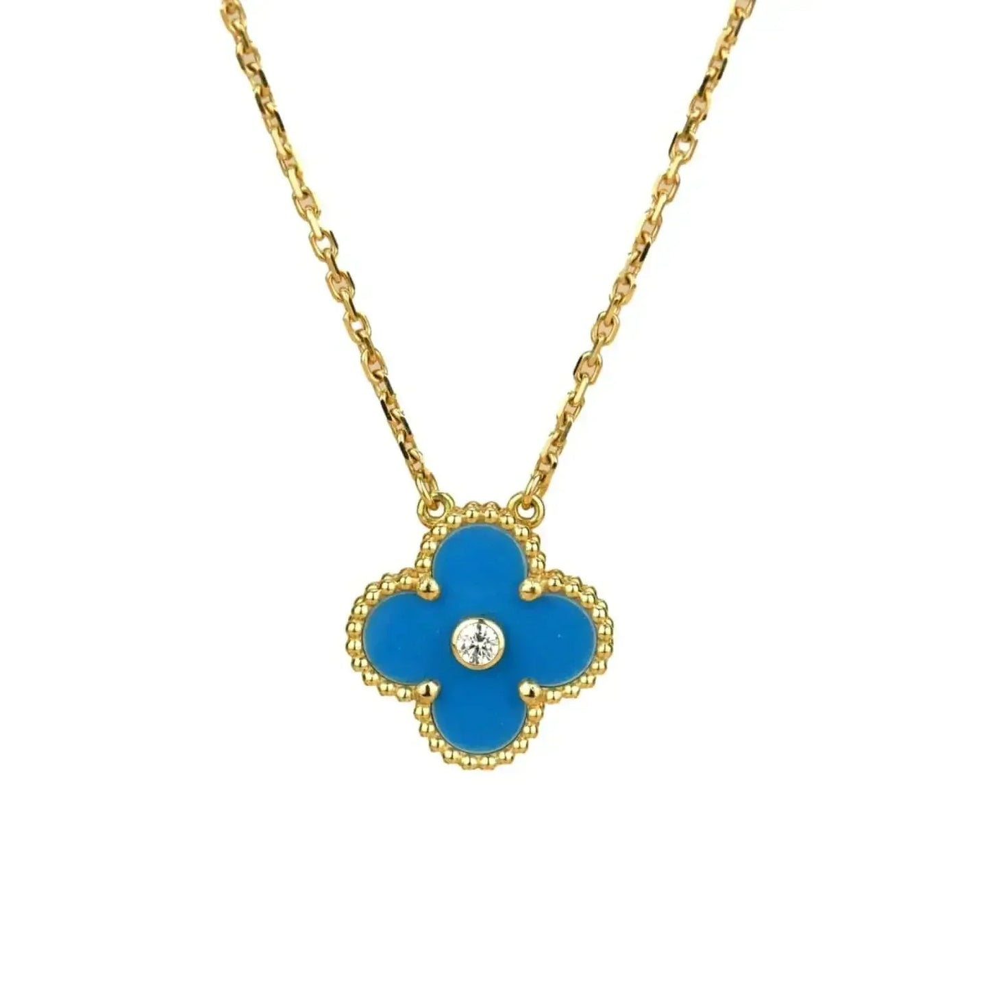 [Glow Jewelry]CLOVER 15MM DIAMOND AND BLUE AGATE NECKLACE