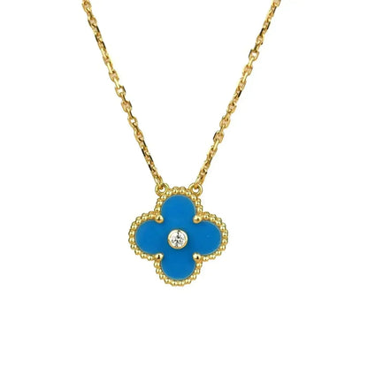 [Glow Jewelry]CLOVER 15MM DIAMOND AND BLUE AGATE NECKLACE
