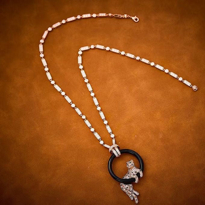 [Glow Jewelry jewelrys]NEW BLACK CIRCLE PANTHER FULL DIAMOND NECKLACE