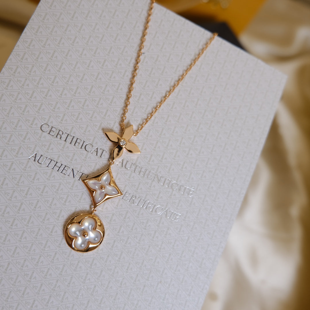 „Glow Jewelry“ COLOR BLOSSOM LARIAT HALSKETTE ROSÉGOLD WEISS PERLMUTT UND DIAMANT