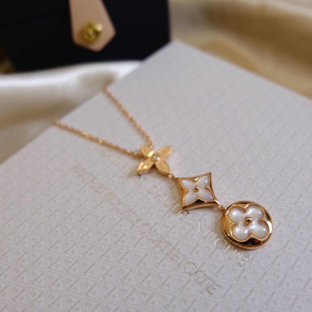 „Glow Jewelry“ COLOR BLOSSOM LARIAT HALSKETTE ROSÉGOLD WEISS PERLMUTT UND DIAMANT