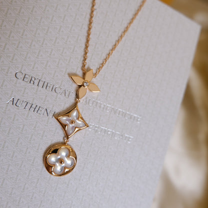 „Glow Jewelry“ COLOR BLOSSOM LARIAT HALSKETTE ROSÉGOLD WEISS PERLMUTT UND DIAMANT