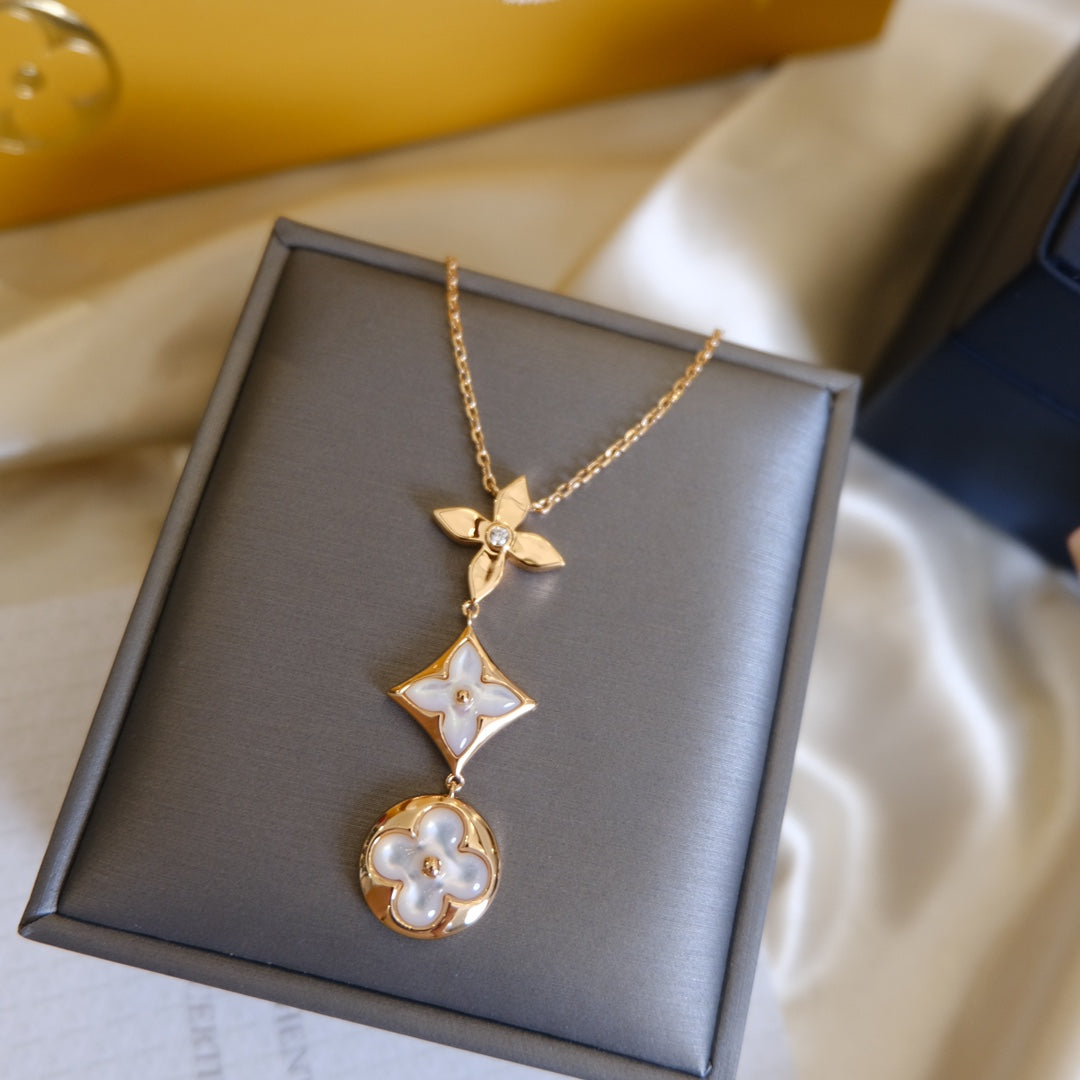 „Glow Jewelry“ COLOR BLOSSOM LARIAT HALSKETTE ROSÉGOLD WEISS PERLMUTT UND DIAMANT