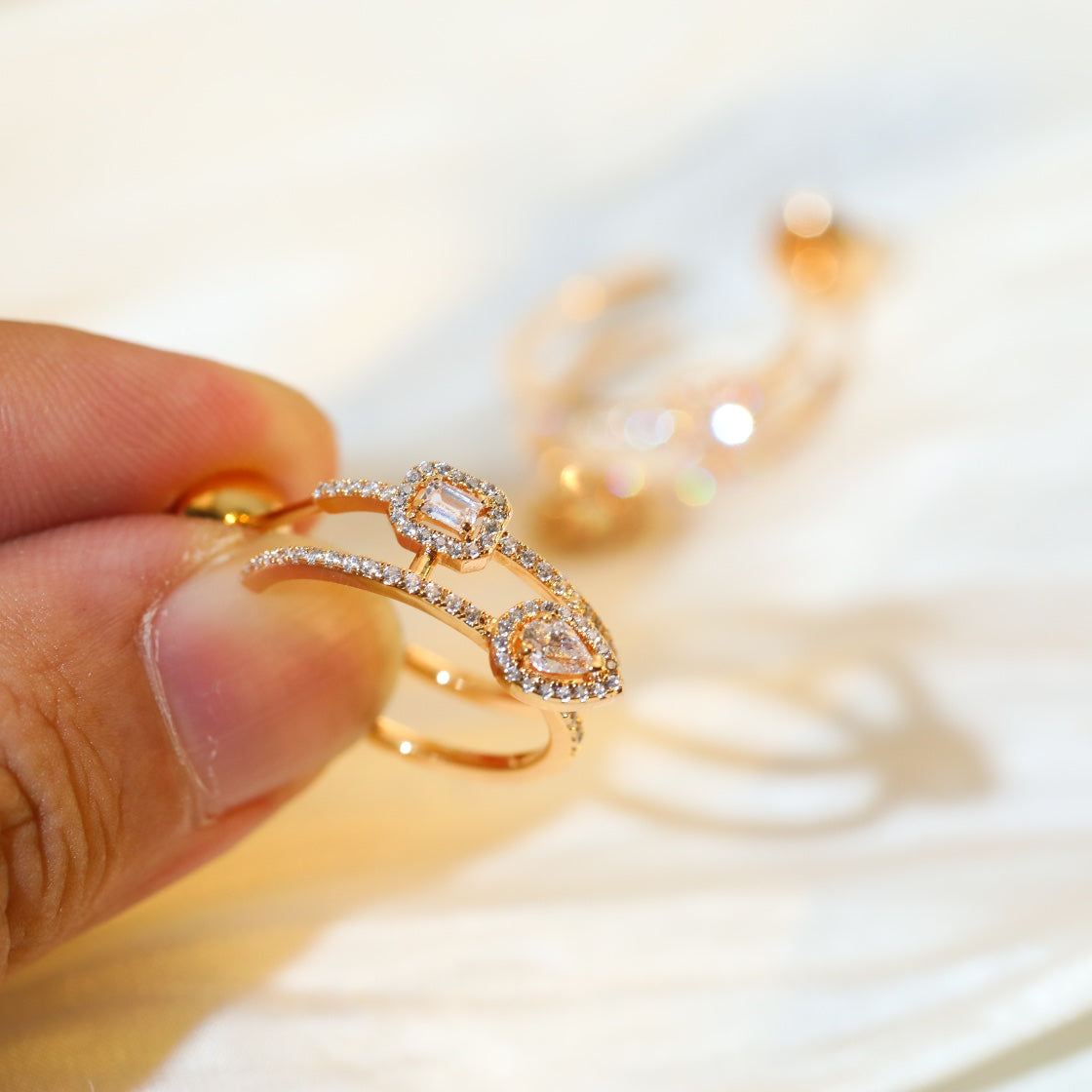 [Glow Jewelry]CREOLES MY TWIN 2 RANGS SILVER DIAMOND EARRINGS