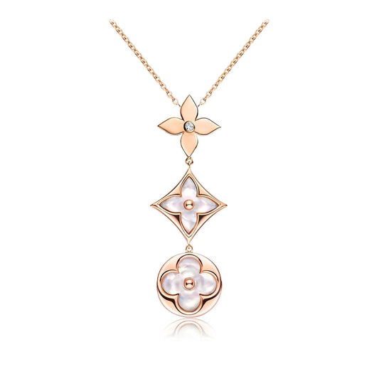 [Glow Jewelry]COLOR BLOSSOM LARIAT NECKLACE PINK GOLD WHITE MOTHER PEARL AND DIAMOND