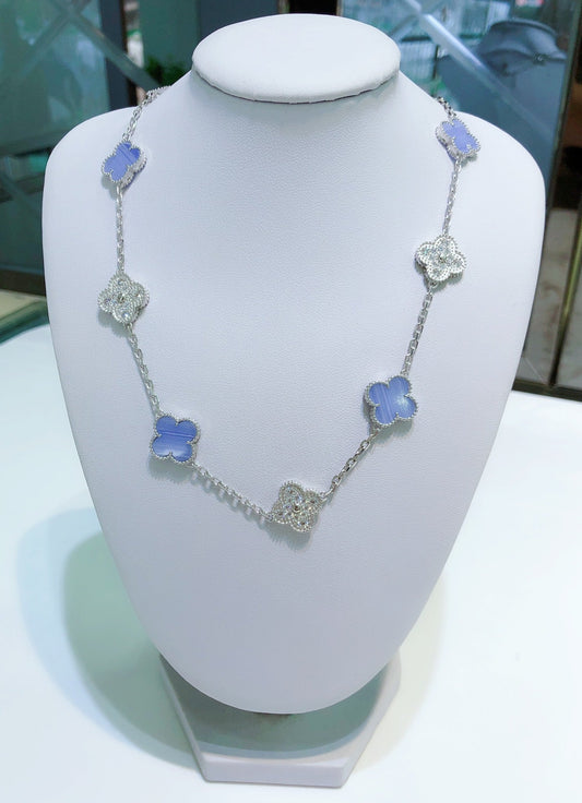 ®Glow Jewelry®クローバー10モチーフ カルセドニー ダイヤモンド シルバーネックレス